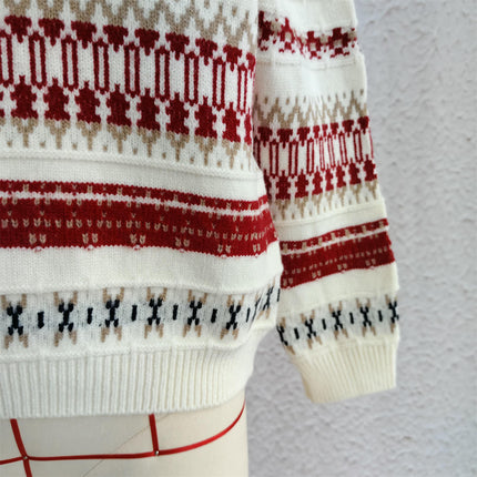 Vintage Contrast Fair Isle Women's Sweater Crew Neck Long Sleeve Pullover