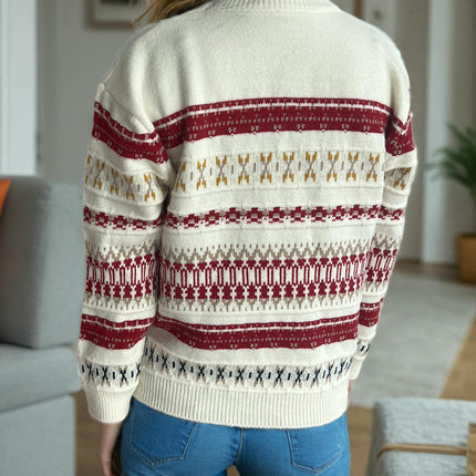 Vintage Contrast Fair Isle Women's Sweater Crew Neck Long Sleeve Pullover