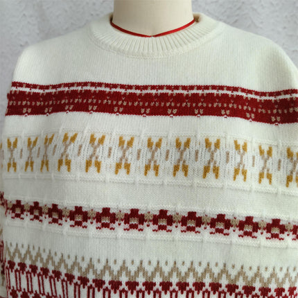 Vintage Contrast Fair Isle Women's Sweater Crew Neck Long Sleeve Pullover