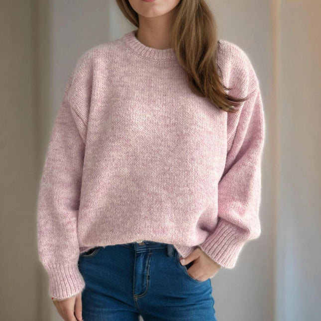 Women's Solid Color Round Neck Knitted Sweater Loose Warm Bottoming Shirt