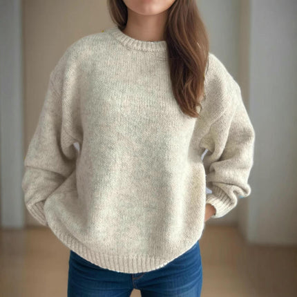 Women's Solid Color Round Neck Knitted Sweater Loose Warm Bottoming Shirt