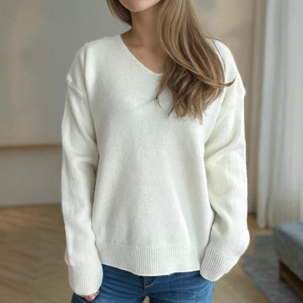 Women's Knitted Pullover Sweater V-Neck Solid Color Casual Chic Long Sleeve Top
