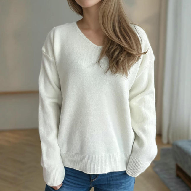 Women's Knitted Pullover Sweater V-Neck Solid Color Casual Chic Long Sleeve Top