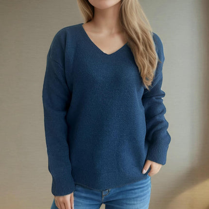 Women's Knitted Pullover Sweater V-Neck Solid Color Casual Chic Long Sleeve Top