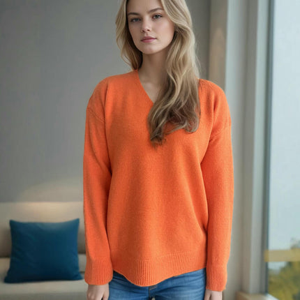 Women's Knitted Pullover Sweater V-Neck Solid Color Casual Chic Long Sleeve Top