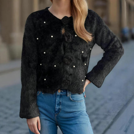 Furry Women's Sweater Round Neck Long Sleeve Beaded Mohair Cardigan