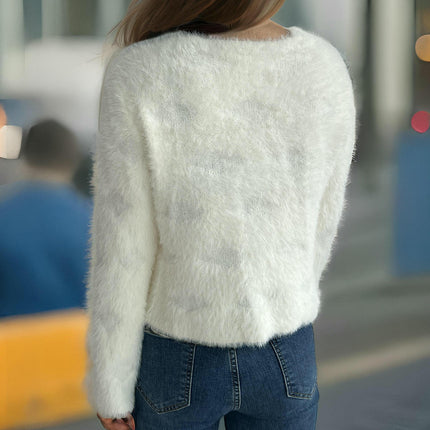 Furry Women's Sweater Round Neck Long Sleeve Beaded Mohair Cardigan