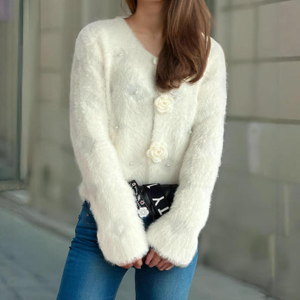 Furry Women's Sweater Round Neck Long Sleeve Beaded Mohair Cardigan
