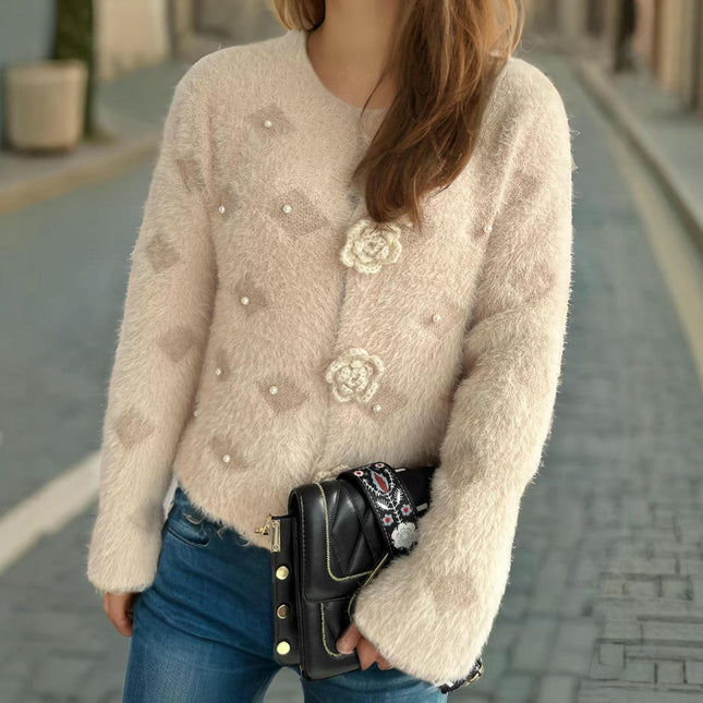 Furry Women's Sweater Round Neck Long Sleeve Beaded Mohair Cardigan