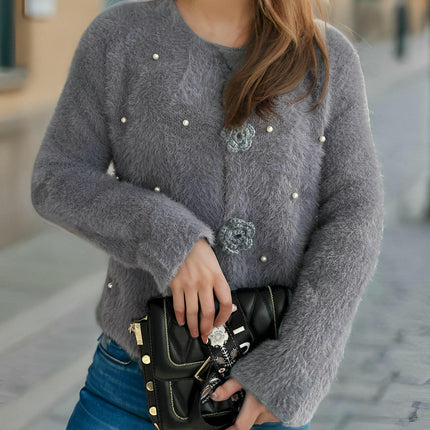 Furry Women's Sweater Round Neck Long Sleeve Beaded Mohair Cardigan