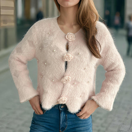 Furry Women's Sweater Round Neck Long Sleeve Beaded Mohair Cardigan