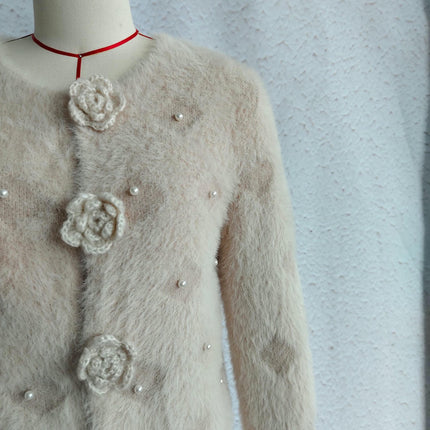 Furry Women's Sweater Round Neck Long Sleeve Beaded Mohair Cardigan