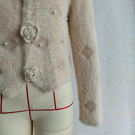 Furry Women's Sweater Round Neck Long Sleeve Beaded Mohair Cardigan