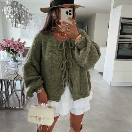 Women's Loose Long Sleeve Sweater Solid Color Bandage Knitted Cardigan Jacket