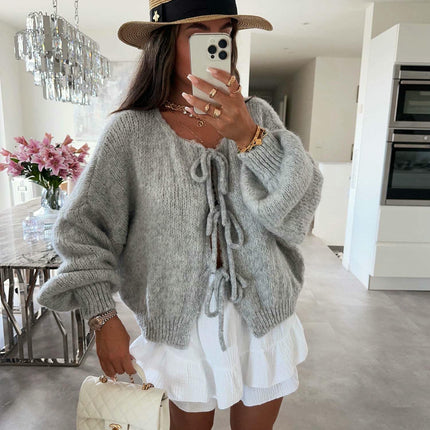 Women's Loose Long Sleeve Sweater Solid Color Bandage Knitted Cardigan Jacket