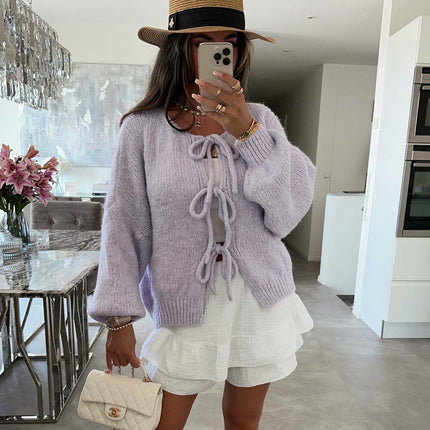 Women's Loose Long Sleeve Sweater Solid Color Bandage Knitted Cardigan Jacket