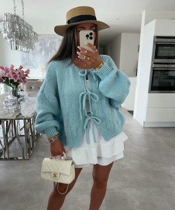 Women's Loose Long Sleeve Sweater Solid Color Bandage Knitted Cardigan Jacket