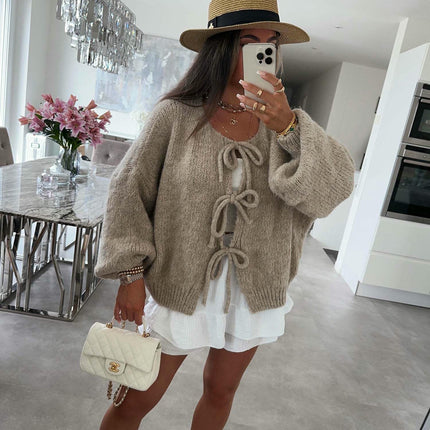 Women's Loose Long Sleeve Sweater Solid Color Bandage Knitted Cardigan Jacket