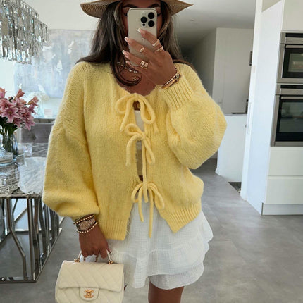 Women's Loose Long Sleeve Sweater Solid Color Bandage Knitted Cardigan Jacket