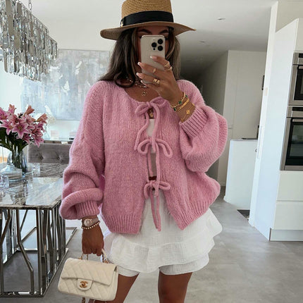 Women's Loose Long Sleeve Sweater Solid Color Bandage Knitted Cardigan Jacket