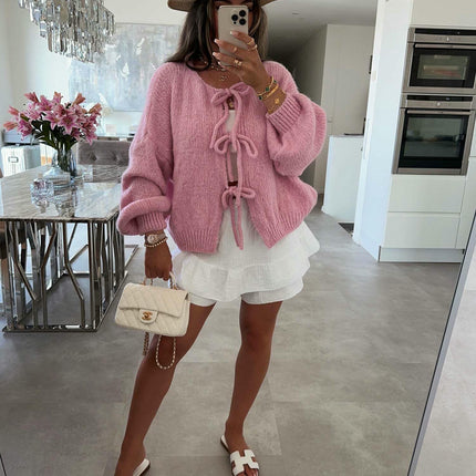 Women's Loose Long Sleeve Sweater Solid Color Bandage Knitted Cardigan Jacket