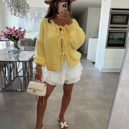 Women's Loose Long Sleeve Sweater Solid Color Bandage Knitted Cardigan Jacket