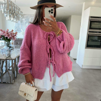 Women's Loose Long Sleeve Sweater Solid Color Bandage Knitted Cardigan Jacket