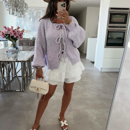 Women's Loose Long Sleeve Sweater Solid Color Bandage Knitted Cardigan Jacket