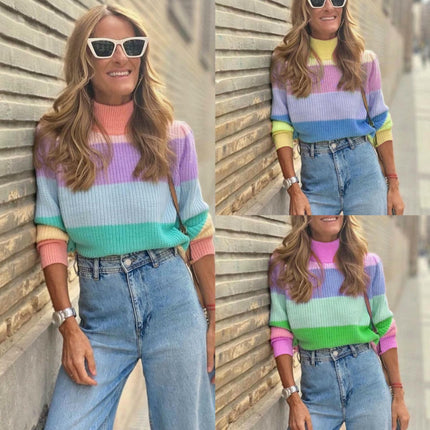 Women's Turtleneck Pullover Sweater Striped Contrast Color Long Sleeve Loose Top