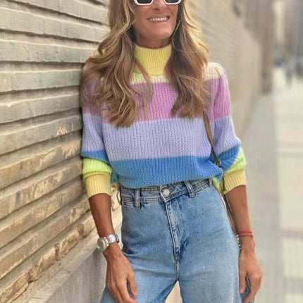 Women's Turtleneck Pullover Sweater Striped Contrast Color Long Sleeve Loose Top