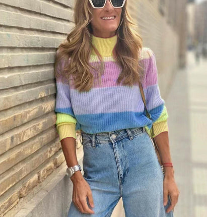 Women's Turtleneck Pullover Sweater Striped Contrast Color Long Sleeve Loose Top