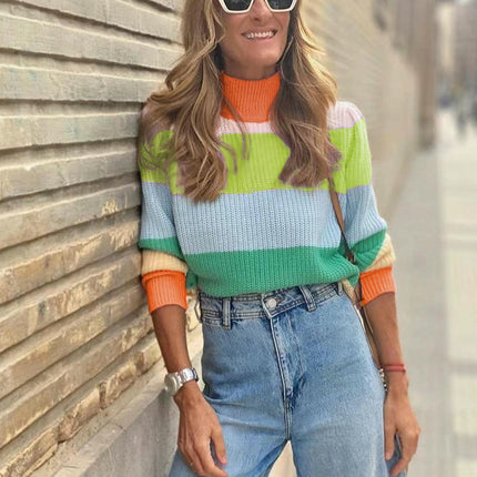 Women's Turtleneck Pullover Sweater Striped Contrast Color Long Sleeve Loose Top