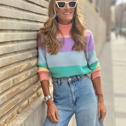 Women's Turtleneck Pullover Sweater Striped Contrast Color Long Sleeve Loose Top