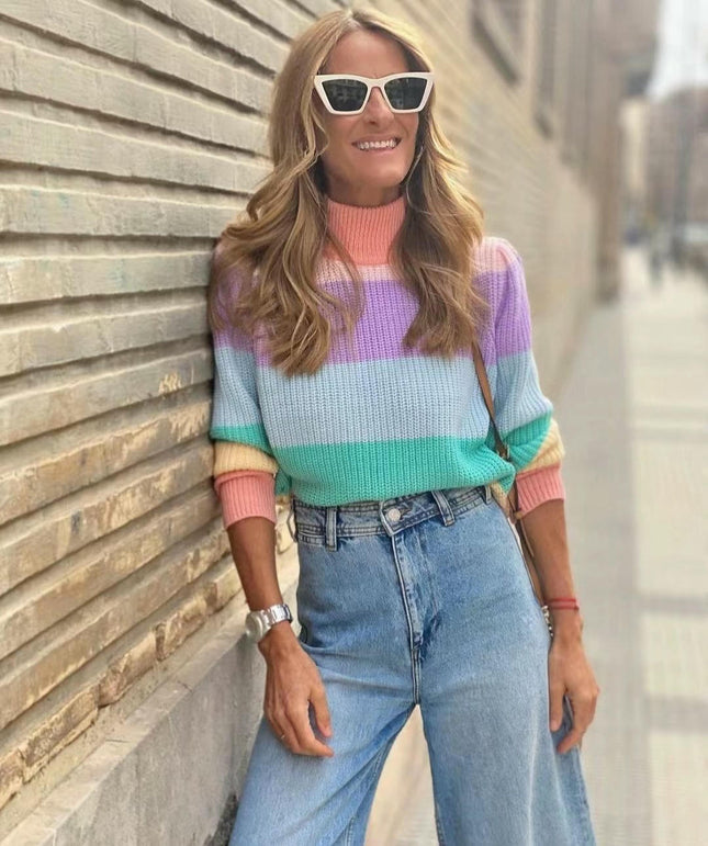 Women's Turtleneck Pullover Sweater Striped Contrast Color Long Sleeve Loose Top