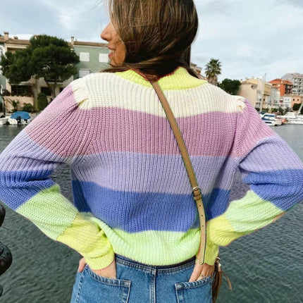 Women's Turtleneck Pullover Sweater Striped Contrast Color Long Sleeve Loose Top