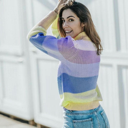 Women's Turtleneck Pullover Sweater Striped Contrast Color Long Sleeve Loose Top