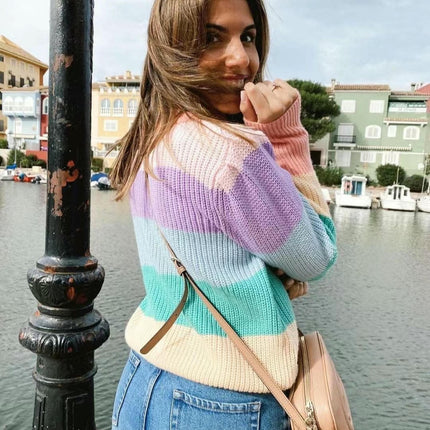 Women's Turtleneck Pullover Sweater Striped Contrast Color Long Sleeve Loose Top