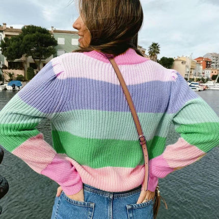 Women's Turtleneck Pullover Sweater Striped Contrast Color Long Sleeve Loose Top