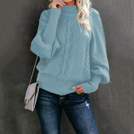 Women's Loose Long-Sleeved Pullover Sweater With Solid Color and Mid Collar