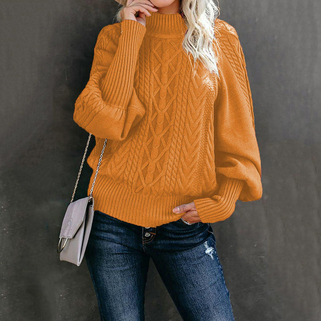 Women's Loose Long-Sleeved Pullover Sweater With Solid Color and Mid Collar