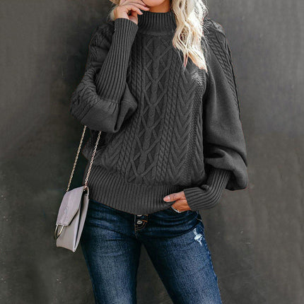 Women's Loose Long-Sleeved Pullover Sweater With Solid Color and Mid Collar