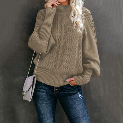 Women's Loose Long-Sleeved Pullover Sweater With Solid Color and Mid Collar