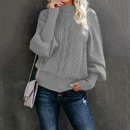 Women's Loose Long-Sleeved Pullover Sweater With Solid Color and Mid Collar