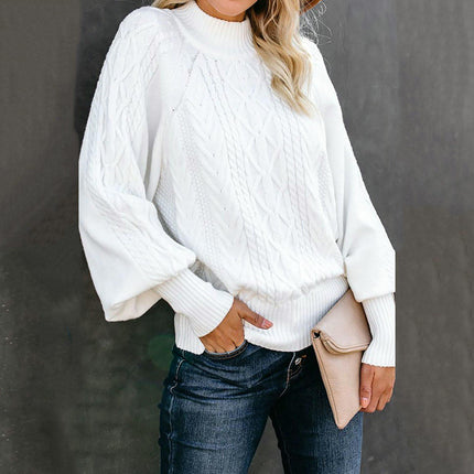 Women's Loose Long-Sleeved Pullover Sweater With Solid Color and Mid Collar