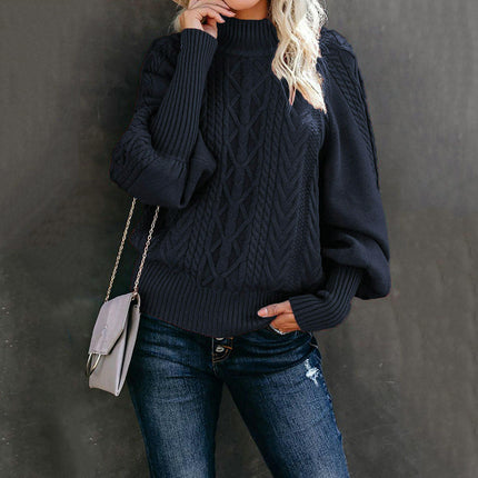 Women's Loose Long-Sleeved Pullover Sweater With Solid Color and Mid Collar