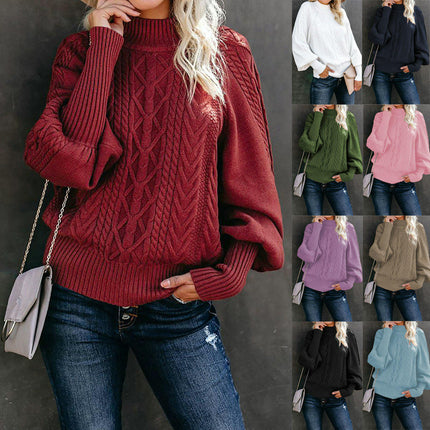 Women's Loose Long-Sleeved Pullover Sweater With Solid Color and Mid Collar