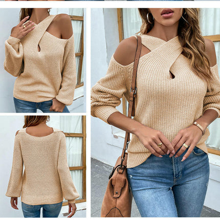 Women's Fall Sexy Criss Cross Halter Neck Cold Shoulder Tops Cutout Knit Sweater-A1