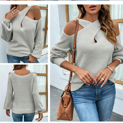 Women's Fall Sexy Criss Cross Halter Neck Cold Shoulder Tops Cutout Knit Sweater-A1