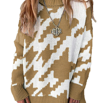 Women's Thickened Warm Sweater Contrast Color Turtleneck Long Sleeve Knitted Sweater