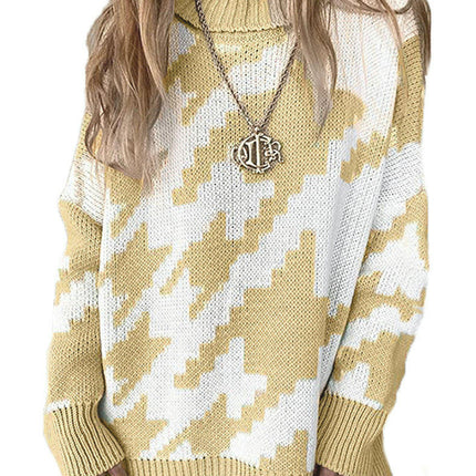 Women's Thickened Warm Sweater Contrast Color Turtleneck Long Sleeve Knitted Sweater